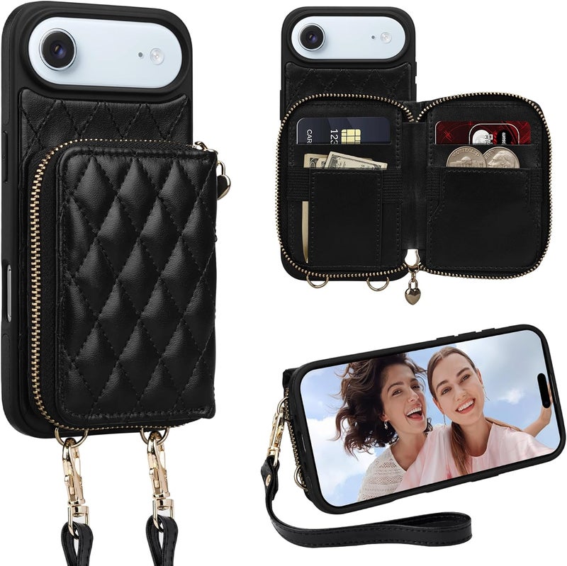 Keallce Case for iPhone Air 6.5'' Wallet Case, Crossbody Zipper Purse with Wrist Strap Lanyard Handbag, RFID Blocking Card Holders, Kickstand Flip Leather Cover for iPhone 17 Air, Black - Image 1